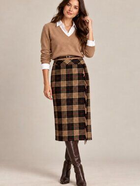 Vintage Nouveaux women's faux wrap kilt skirt midi plaid creme black sz 8p